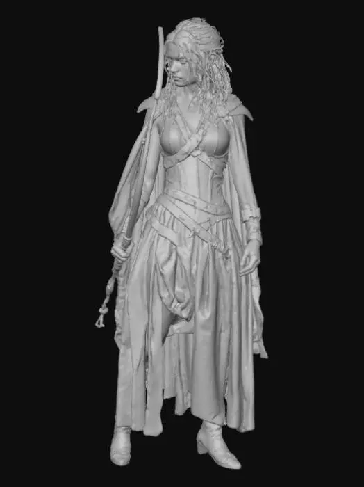 3D model for A battle-worn goddess-like huntress from Olympus clad in drenched linen armor reinforced with leather straps. Her cloak is storm-torn, dripping rain, with waterproofed fibers visible on the textile. Silver ornaments tarnished by centuries of storms. Bow carved from ancient olivewood with cracked varnish and deep weathering. Her face is sharp, sculpted, piercing eyes glowing faint blue. Wet hair strands sticking to her cheeks. Emphasize water-beading on the linen texture, leather abrasion, and blackened silver metal from constant lightning storms. Hyper-realistic and divine.