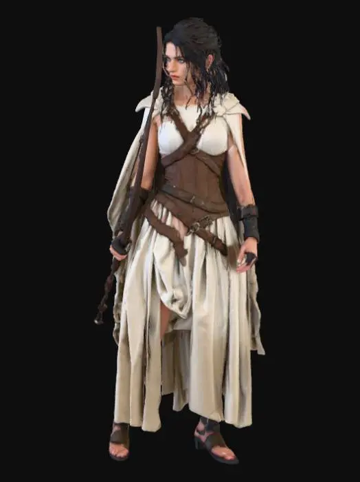 3D model for A battle-worn goddess-like huntress from Olympus clad in drenched linen armor reinforced with leather straps. Her cloak is storm-torn, dripping rain, with waterproofed fibers visible on the textile. Silver ornaments tarnished by centuries of storms. Bow carved from ancient olivewood with cracked varnish and deep weathering. Her face is sharp, sculpted, piercing eyes glowing faint blue. Wet hair strands sticking to her cheeks. Emphasize water-beading on the linen texture, leather abrasion, and blackened silver metal from constant lightning storms. Hyper-realistic and divine.