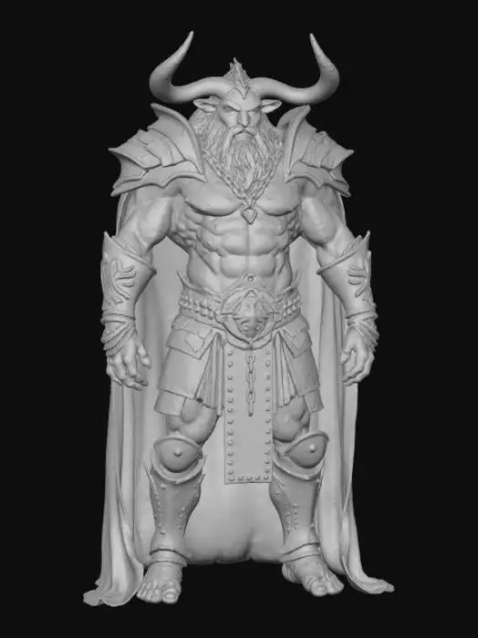 3D model for A colossal Minotaur warlord exiled from ancient mythic realms. Wearing fractured bronze plate armor fused with volcanic rock, edges chipped and oxidized. Deep cracks glowing faintly. Shoulders wrapped in worn bullhide. Rusted chains hang from wrists. His face is deeply sculpted with battle scars and textured fur. Emphasize matte leather, rough animal hide fibers, oxidized bronze, and dust in armor crevices. Hyper-realistic, cinematic, intimidating