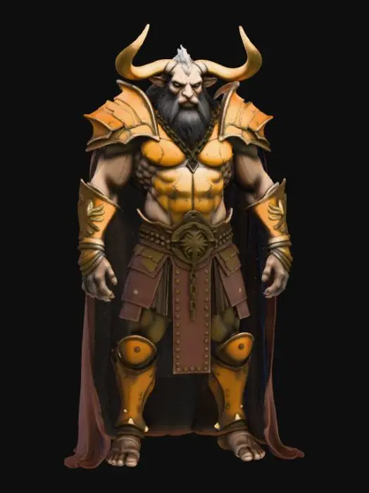 3D model for A colossal Minotaur warlord exiled from ancient mythic realms. Wearing fractured bronze plate armor fused with volcanic rock, edges chipped and oxidized. Deep cracks glowing faintly. Shoulders wrapped in worn bullhide. Rusted chains hang from wrists. His face is deeply sculpted with battle scars and textured fur. Emphasize matte leather, rough animal hide fibers, oxidized bronze, and dust in armor crevices. Hyper-realistic, cinematic, intimidating