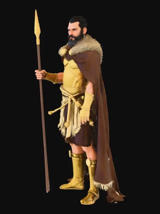 3D model for Goddess-Forged Elite Hoplite Metallic & Fabric Detail Focus
A divine-forged hoplite warrior wearing gold-steel hybrid armor hammered with micro-dents from countless battles. The metallic surface shows layered patina, scratches, faded inscriptions. Over his shoulders: heavy woolen war-cloak lined with coarse fur, rain-beading on the wool fibers. Spear shaft dried, cracked ashwood; spearhead sharp but heavily stained. Strong jawline, sharp cheekbones, war paint flaking. Emphasize patina, fabric microfibers, wood cracking, and layered metallic shine. Hyper-realistic and heroic.