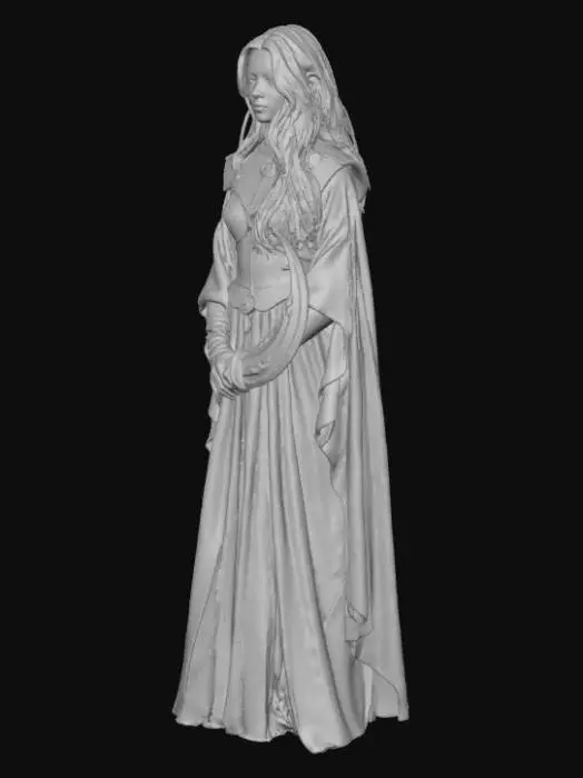 3D model for A female sentinel from an ancient moon temple, wearing polished obsidian armor with chipped edges, layered over weathered silk robes. Eyes glow soft white, crescent-shaped silver weapon oxidized to matte grey. Hair flowing in the night breeze, subtle battle scars on face. Hyper-realistic, calm, mystical, cinematic. Detailing emphasizes silk fraying, stone chipping, metallic oxidation, and polished reflections.