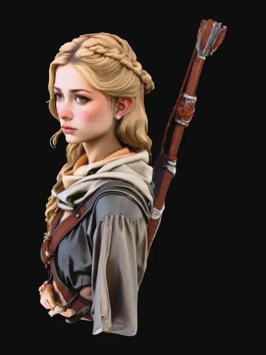 3D model for A young female huntress from Olympus with soft honey-blonde hair cascading in loose waves, warm light skin, and slightly rounded, cute cheeks. Eyes are deep brown, alert and expressive. She wears light linen armor reinforced with bronze and leather straps, cloak slightly tattered from battle. Bow carved from ancient olivewood with faint cracks, quiver worn. Armor shows subtle wear, patina on bronze, soft abrasion on leather. Hyper-realistic, cinematic, emphasizing hair texture, warm skin tones, facial softness, linen fibers, and metallic details. Gentle but strong warrior vibe.