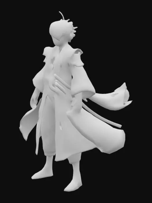 3D model for A high-quality 3D anime-style male warrior in a classic fantasy RPG aesthetic, inspired by Genshin Impact. He has silver hair, deep green eyes, and wears a flowing elegant samurai robe with golden embroidery. His armor is light yet ornate, featuring cloth and metallic elements that move dynamically. His stance is graceful and confident, embodying the spirit of an ancient swordsman.