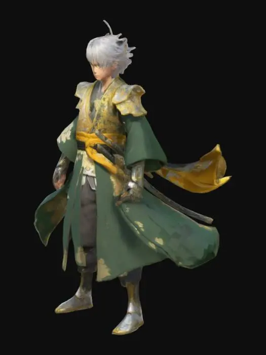 3D model for A high-quality 3D anime-style male warrior in a classic fantasy RPG aesthetic, inspired by Genshin Impact. He has silver hair, deep green eyes, and wears a flowing elegant samurai robe with golden embroidery. His armor is light yet ornate, featuring cloth and metallic elements that move dynamically. His stance is graceful and confident, embodying the spirit of an ancient swordsman.