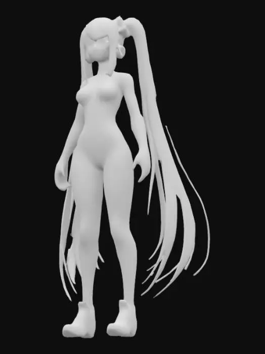 3D model for A high-quality 3D anime-style female character with a sleek, futuristic sci-fi aesthetic. She has long, glowing neon-blue hair, cybernetic golden eyes, and wears a sleek white and black exo-suit with glowing circuits running across it. Her suit has holographic accents that pulse with energy. Her outfit is form-fitting yet highly detailed, blending advanced technology with a stylish, streamlined look. Her expression is calm yet focused, giving her a highly intelligent and tactical appearance.