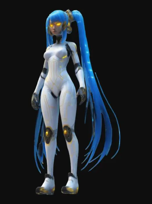 3D model for A high-quality 3D anime-style female character with a sleek, futuristic sci-fi aesthetic. She has long, glowing neon-blue hair, cybernetic golden eyes, and wears a sleek white and black exo-suit with glowing circuits running across it. Her suit has holographic accents that pulse with energy. Her outfit is form-fitting yet highly detailed, blending advanced technology with a stylish, streamlined look. Her expression is calm yet focused, giving her a highly intelligent and tactical appearance.