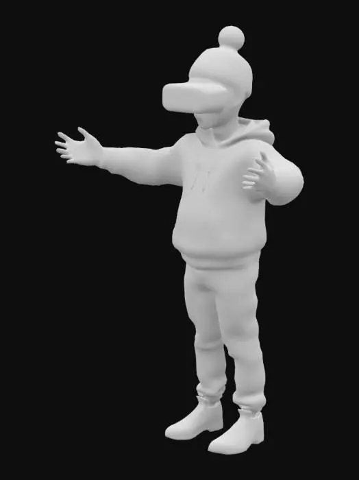 3D model for 17 year old male teenager with black mask, green hoodie with beanie, using vr device, posing with arms outstretched