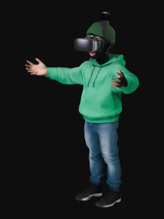 3D model for 17 year old male teenager with black mask, green hoodie with beanie, using vr device, posing with arms outstretched
