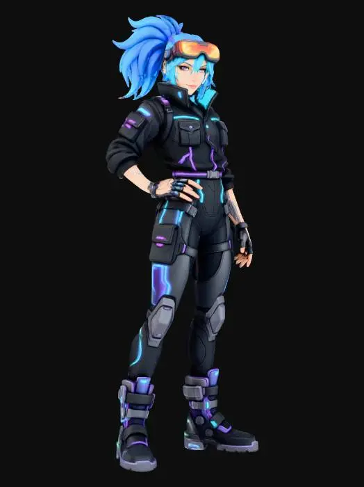 3D model for cool female, full body, random concept, character in futuristic techwear fashion, cyberpunk aesthetic, urban sci-fi style, cybernetic details, high contrast, clean background, semi-realistic anime style, highly detailed digital illustration, trending on ArtStation, character concept art, vivid colors, cool attitude
