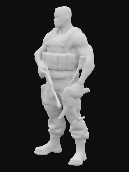 3D model for Uzi from murder drones scowling and holding an AK-47 in her left hand facing up