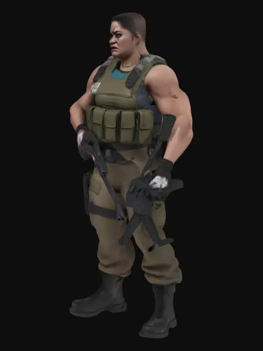 3D model for Uzi from murder drones scowling and holding an AK-47 in her left hand facing up