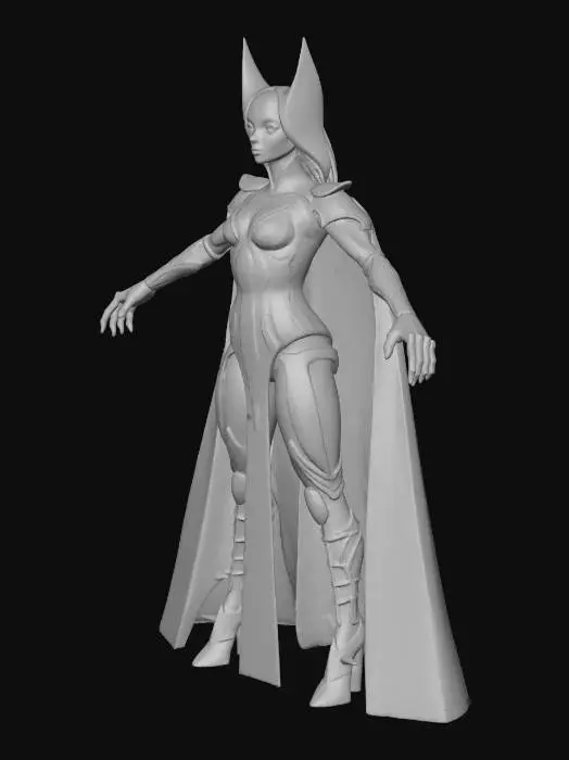 3D model for Shadow Monarch, with helmet, face covered, female warrior, T-Pose (arms extended horizontally, legs shoulder-width), sleek dark violet armor, tall and imposing, elegant yet fierce, glowing dark eyes, subtle shadow aura, detailed armor textures, dramatic lighting, realistic proportions