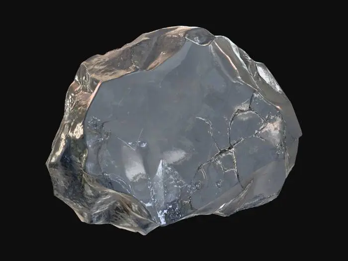 3D model for #PBR#, A high-resolution obsidian boulder, showcasing a dense, glassy texture with a smooth, fractured surface that reflects light. Its color is a deep, consistent black, with occasional subtle gray or greenish sheens appearing at certain angles, indicating its volcanic origin. The boulder possesses an irregular, angular shape, feeling cool and exceptionally hard to the touch, with razor-sharp edges where it has broken.