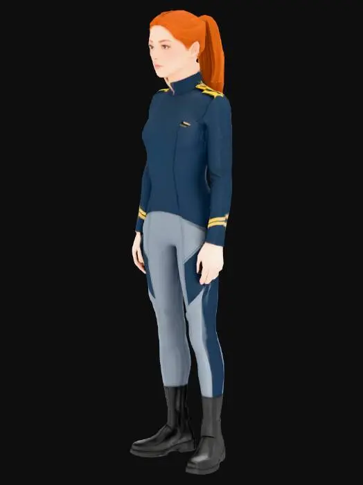 3D model for A young, auburn haired female space navy lieutenant, dressed in day to day work uniform. Her her is cut short. She is slim, with wide hips.
