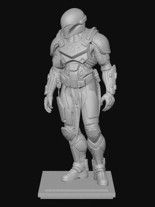 3D model for A highly detailed sci-fi trooper from an ancient lost civilization, discovered after millennia. The armor is worn, cracked, and covered in dust, with faint glowing alien symbols etched into the metal. One eye visor flickers with dim blue light. Cables and ancient technology protrude from the suit, partially fossilized. The trooper stands upright on a futuristic display baseplate like a museum artifact pedestal, surrounded by soft archaeological lighting and drifting dust particles. Cinematic composition, ultra-detailed, realistic textures, science-fiction archaeology aesthetic, 8k resolution.