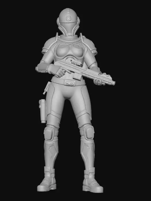 3D model for A highly detailed sci-fi trooper from an ancient lost civilization, discovered after millennia. its a female wearing sexy female armor wich shows some skin. The armor is worn, cracked, and covered in dust, with faint glowing alien symbols etched into the metal. The trooper stands upright on a futuristic display baseplate like a museum artifact pedestal, surrounded by soft archaeological lighting and drifting dust particles. hes holding a ancient blaster rifle. Cinematic composition, ultra-detailed, realistic textures, science-fiction archaeology aesthetic, 8k resolution. the model is on a wargaming baseplate.