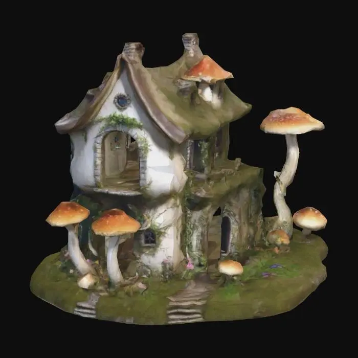 3D model for A house for fairies open doors and windows, 2 stories, have 2 towers connected by tunnels. mushrooms growing outside. flowers and vines decoration 