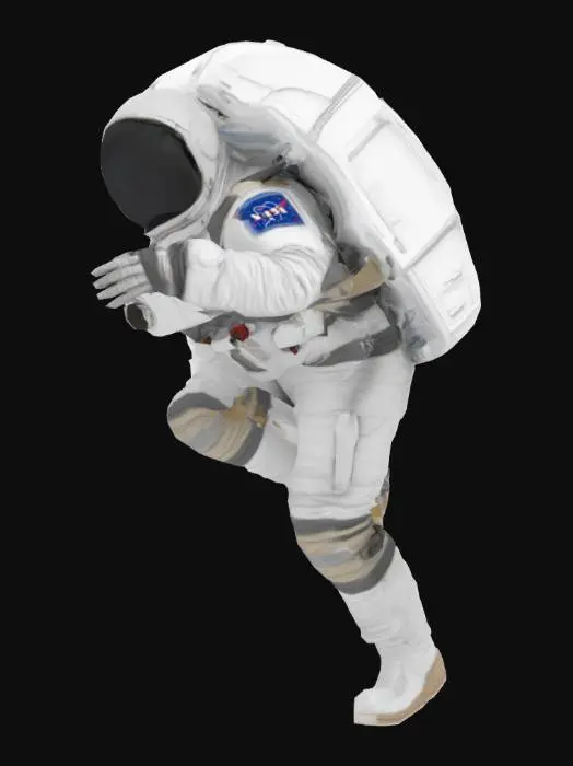 3D model for Create a high-quality, realistic 3D astronaut model with anatomically accurate hands, fingers, and feet. The suit should combine modern and sci-fi aesthetics with detailed stitching, textures, and slight wear. Include a transparent visor and PBR materials in 4K resolution.