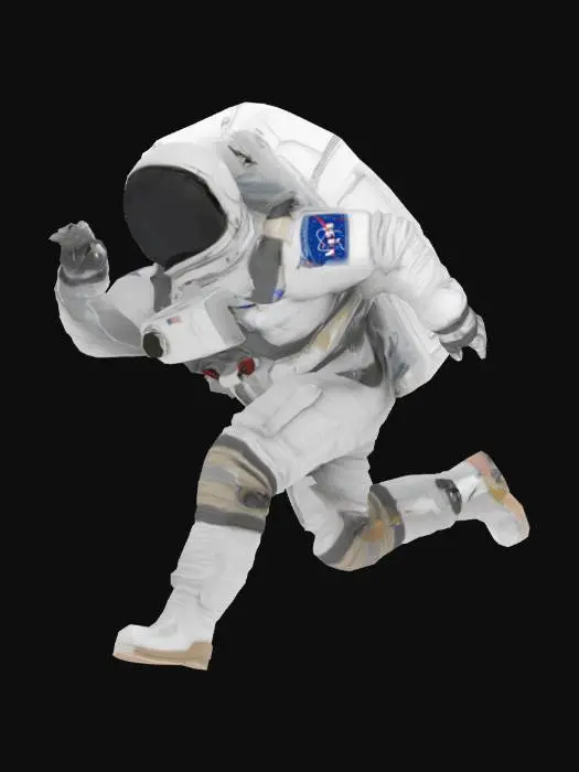 3D model for Create a high-quality, realistic 3D astronaut model with anatomically accurate hands, fingers, and feet. The suit should combine modern and sci-fi aesthetics with detailed stitching, textures, and slight wear. Include a transparent visor and PBR materials in 4K resolution.