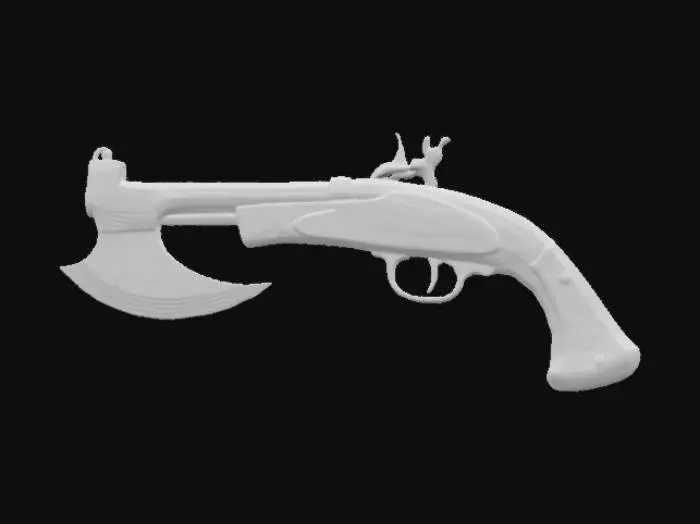 3D model for large stylized flintlock pistol with an axe blade attached to the barrel, with cyberpunk enhancements, symmetrical, Chrome, wood, bone and neon, game asset, #ChronoForgeWeapon#