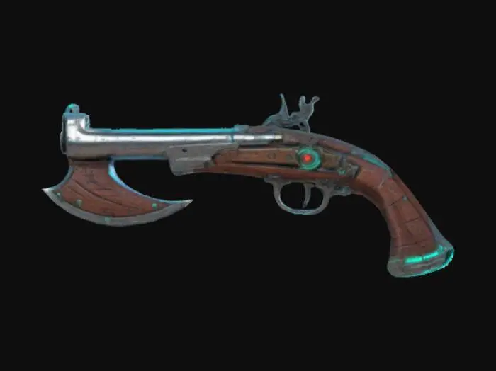3D model for large stylized flintlock pistol with an axe blade attached to the barrel, with cyberpunk enhancements, symmetrical, Chrome, wood, bone and neon, game asset, #ChronoForgeWeapon#