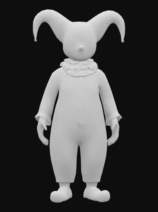 3D model for a humanoid HARLEQUINN figure with a large round head, thin mouth, oversized circular button-like eyes, and distressed clothing, featuring a weathered, textured surface with a vintage, eerie aesthetic., rough texture, a-pose, full body MIDGET