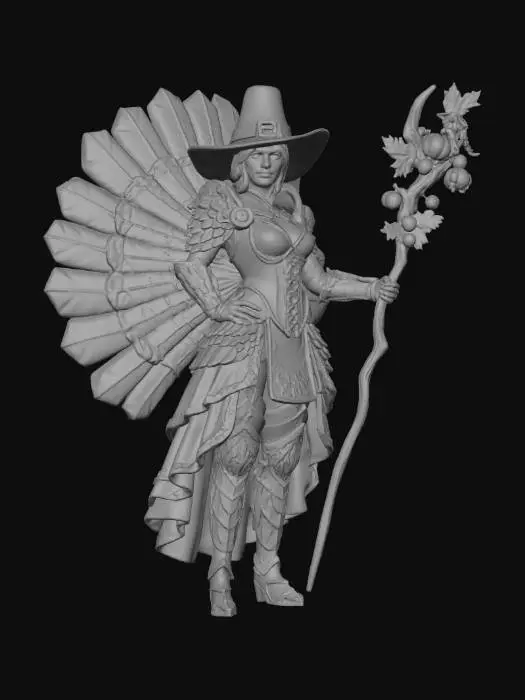 3D model for image of a Thanksgiving themed sexy female turkey warrior,dressed as a pilgrim, RPG, D&D, 3d game character, #Thanksgiving#