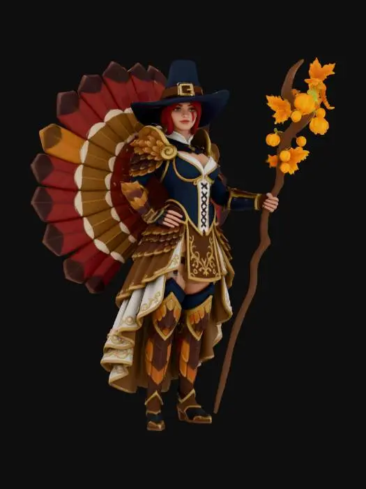 3D model for image of a Thanksgiving themed sexy female turkey warrior,dressed as a pilgrim, RPG, D&D, 3d game character, #Thanksgiving#