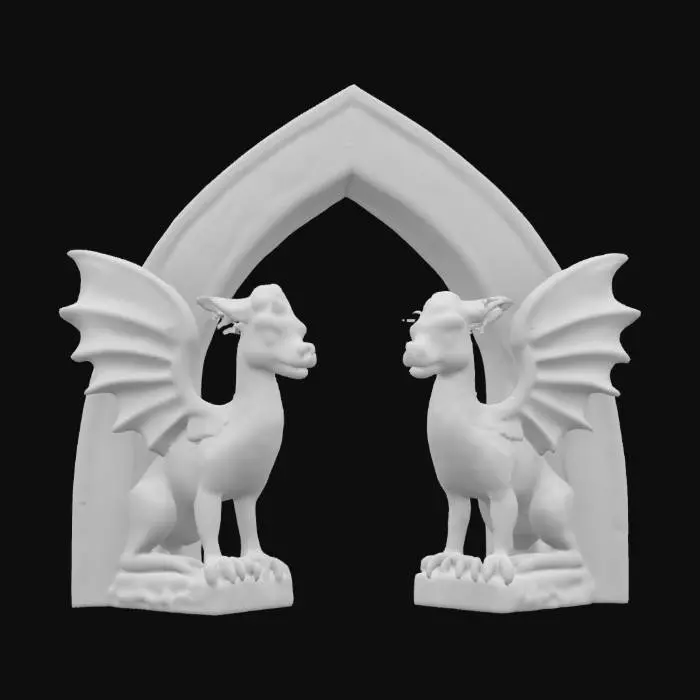 3D model for Create a stone pointed arch held up by two whimsical baby gryphon statues, playful, whimsical, stone mason, sculpture #arch#