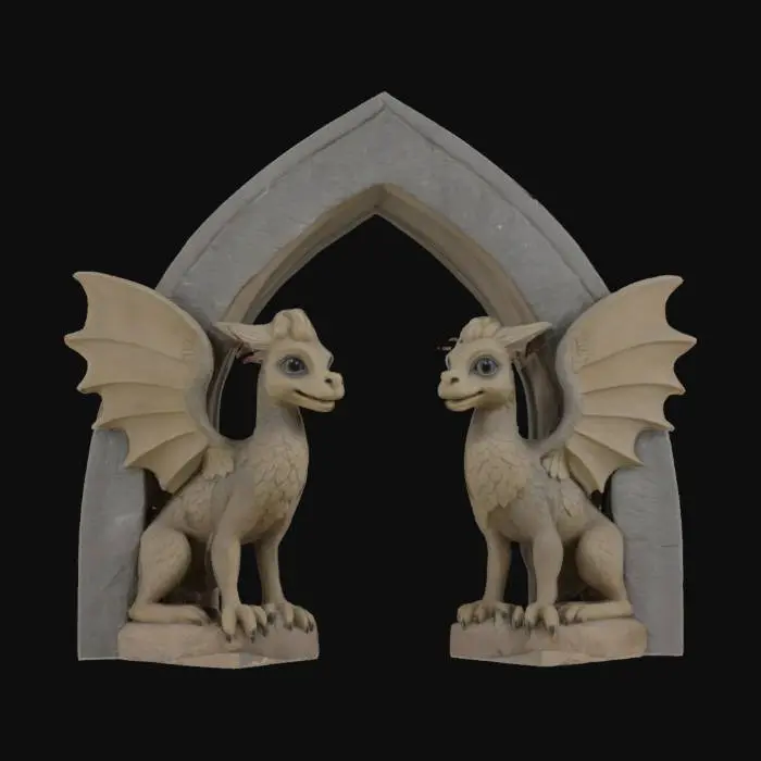 3D model for Create a stone pointed arch held up by two whimsical baby gryphon statues, playful, whimsical, stone mason, sculpture #arch#