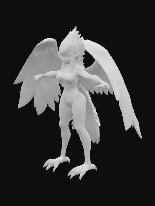 3D model for A female harpy with a crest of feathers and eagle claws for feet standing on digitigrade legs in a t-pose.