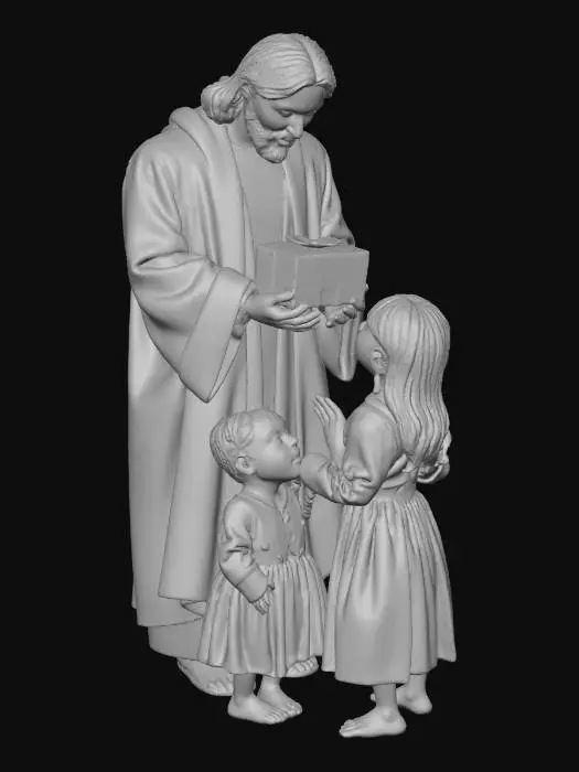 3D model for #Christmas2025#,
 “Create a Realistic and heart-warming 3D scene featuring Jesus Christ  blessing two children, along with Santa Claus holding gifts. Jesus stands at the center with gentle, open hands giving blessings. On His left side stands a young girl looking up at Him, and on His right side a young boy stands respectfully, both children expressing joy and innocence. Beside them, Santa Claus stands slightly behind the children, dressed in a classic red suit, smiling warmly and holding a sack filled with colorful gifts.

Use stylized but clean and well-defined character models suitable for Meshy’s geometry. Maintain clear spacing between characters to prevent mesh merging. The mood should be serene, festive, and uplifting, combining spiritual warmth with the joyful spirit of Christmas.”