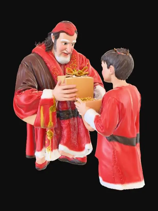 3D model for “Create a peaceful and heart-warming 3D scene featuring Jesus Christ blessing two children, along with Santa Claus holding gifts. Jesus stands at the center with gentle, open hands giving blessings. On His left side stands a young girl looking up at Him, and on His right side a young boy stands respectfully, both children expressing joy and innocence. Beside them, Santa Claus stands slightly behind the children, dressed in a classic red suit, smiling warmly and holding a sack filled with colorful gifts.

Use stylized but clean and well-defined character models suitable for Meshy geometry. Maintain clear spacing between characters to prevent mesh merging. The mood should be serene, festive, and uplifting, combining spiritual warmth with the joyful spirit of Christmas.”