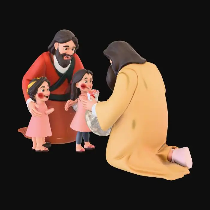 3D model for “Create a peaceful and heart-warming 3D scene featuring Jesus Christ blessing two children, along with Santa Claus holding gifts. Jesus stands at the center with gentle, open hands giving blessings. On His left side stands a young girl looking up at Him, and on His right side a young boy stands respectfully, both children expressing joy and innocence. Beside them, Santa Claus stands slightly behind the children, dressed in a classic red suit, smiling warmly and holding a sack filled with colorful gifts.

Use stylized but clean and well-defined character models suitable for Meshy geometry. Maintain clear spacing between characters to prevent mesh merging. The mood should be serene, festive, and uplifting, combining spiritual warmth with the joyful spirit of Christmas.”