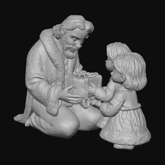 3D model for #Christmas2025#,
 “Create a Realistic and heart-warming 3D scene featuring Jesus Christ  blessing two children, along with Santa Claus holding gifts. Jesus stands at the center with gentle, open hands giving blessings. On His left side stands a young girl looking up at Him, and on His right side a young boy stands respectfully, both children expressing joy and innocence. Beside them, Santa Claus stands slightly behind the children, dressed in a classic red suit, smiling warmly and holding a sack filled with colorful gifts.

Use stylized but clean and well-defined character models suitable for Meshy’s geometry. Maintain clear spacing between characters to prevent mesh merging. The mood should be serene, festive, and uplifting, combining spiritual warmth with the joyful spirit of Christmas.”