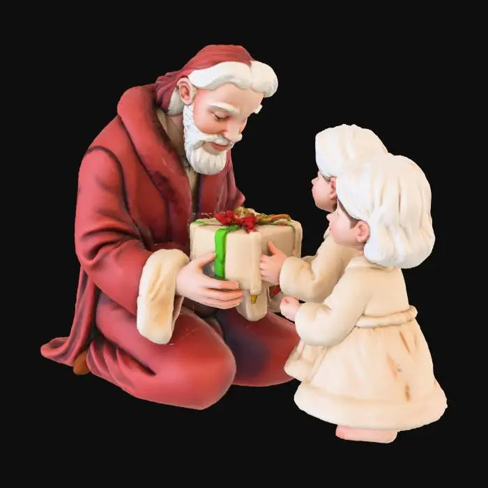 3D model for #Christmas2025#,
 “Create a Realistic and heart-warming 3D scene featuring Jesus Christ  blessing two children, along with Santa Claus holding gifts. Jesus stands at the center with gentle, open hands giving blessings. On His left side stands a young girl looking up at Him, and on His right side a young boy stands respectfully, both children expressing joy and innocence. Beside them, Santa Claus stands slightly behind the children, dressed in a classic red suit, smiling warmly and holding a sack filled with colorful gifts.

Use stylized but clean and well-defined character models suitable for Meshy’s geometry. Maintain clear spacing between characters to prevent mesh merging. The mood should be serene, festive, and uplifting, combining spiritual warmth with the joyful spirit of Christmas.”
