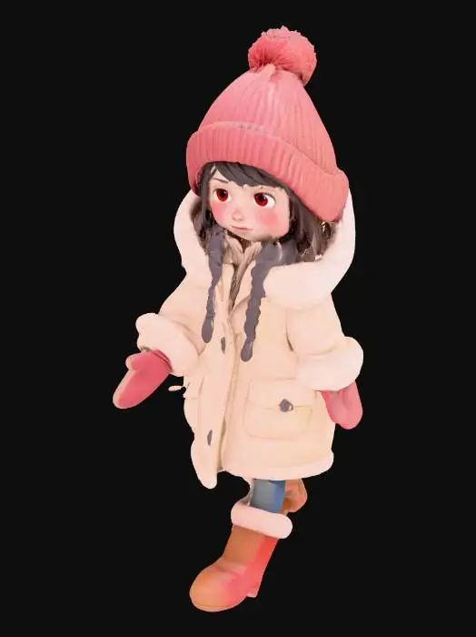 3D model for A low-poly 3D character in a standard T-Pose. The character is a young girl, 8 years old, named 'Lyra'. She is sickly and pale, with faint dark circles under her eyes. She is dressed in oversized, tattered winter clothing: a large knitted beanie, a worn-out red coat that is too big for her, and mismatched gloves. Her facial expression is tired but gentle. The model should be optimized for Roblox, with clean geometry and simple textures. Render the model against a plain gray background.