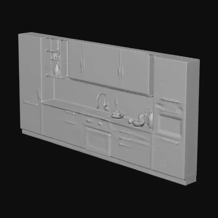 3D model for Create a cohesive modular 3D kitchen cabinet set in Japandi style combining Japanese minimalism and Scandinavian warmth. Clean lines, simple geometry, calm proportions. Materials: light natural wood, matte finish, neutral tones beige grey off white, flat fronts, minimal or no handles. Base cabinets widths 30cm 45cm 60cm 80cm. Wall cabinets widths 30cm 45cm 60cm 80cm, shallower depth. Special 60cm units: sink base cabinet, base cabinet with built-in oven, base cabinet with drawers, tall cabinet with built-in oven. Include toe kick plinth, filler and cover panels, and a simple straight countertop segment. Separate clean meshes, correct real-world scale in cm, neutral studio lighting, designed for easy modular kitchen assembly. Each cabinet and element should be a separate object, not merged