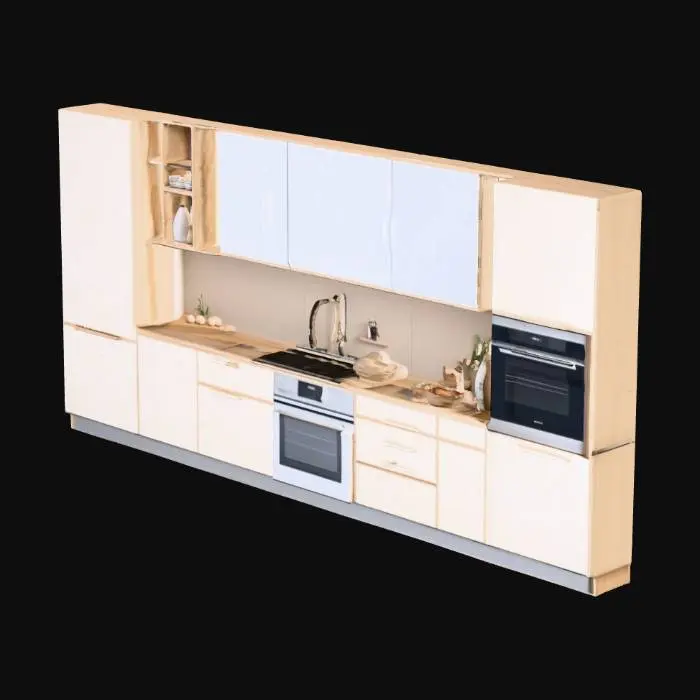 3D model for Create a cohesive modular 3D kitchen cabinet set in Japandi style combining Japanese minimalism and Scandinavian warmth. Clean lines, simple geometry, calm proportions. Materials: light natural wood, matte finish, neutral tones beige grey off white, flat fronts, minimal or no handles. Base cabinets widths 30cm 45cm 60cm 80cm. Wall cabinets widths 30cm 45cm 60cm 80cm, shallower depth. Special 60cm units: sink base cabinet, base cabinet with built-in oven, base cabinet with drawers, tall cabinet with built-in oven. Include toe kick plinth, filler and cover panels, and a simple straight countertop segment. Separate clean meshes, correct real-world scale in cm, neutral studio lighting, designed for easy modular kitchen assembly. Each cabinet and element should be a separate object, not merged