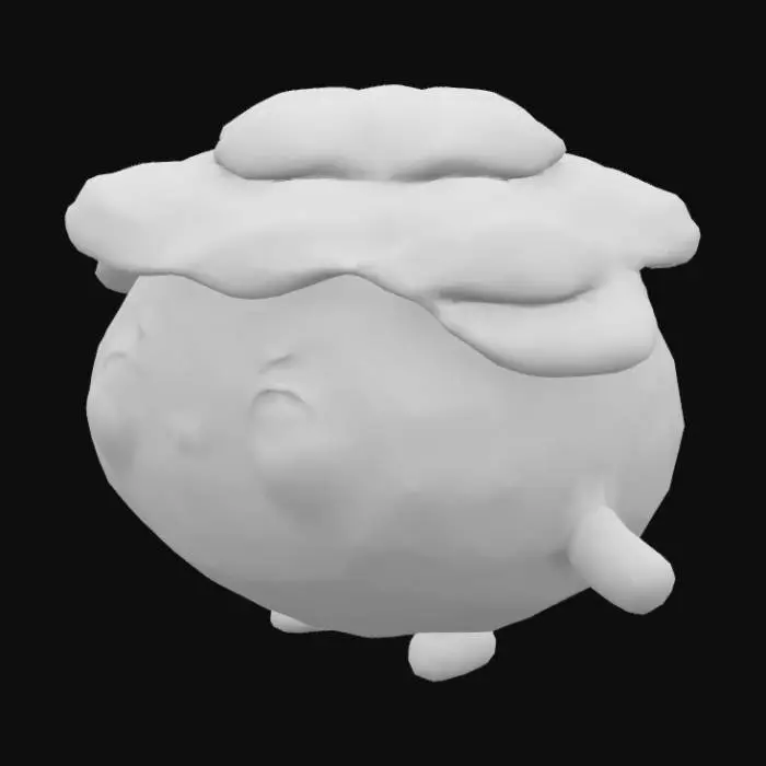 3D model for Super‑cute chibi 3D character inspired by a round bright‑green cabbage. Body is a smooth glossy sphere with subtle leaf‑vein texture; top features 4–5 stylized overlapping leaves. Arms and legs are stubby cylinders with rounded ends and matching veins. Face: oversized sparkling anime‑style eyes (teal with bright catchlights), rosy blush cheeks, and a tiny curved smile. Render with clean topology, soft subdivision surfaces, gentle rim lighting, and warm studio lighting. Materials: translucent leaf shader for the leaves, smooth plastic shader for body. Pose: standing, arms slightly out, feet hip‑width apart.
