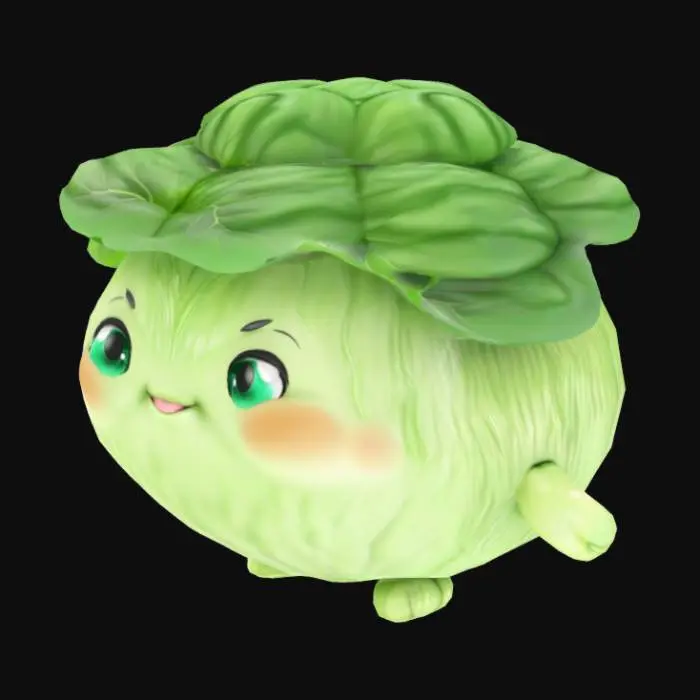3D model for Super‑cute chibi 3D character inspired by a round bright‑green cabbage. Body is a smooth glossy sphere with subtle leaf‑vein texture; top features 4–5 stylized overlapping leaves. Arms and legs are stubby cylinders with rounded ends and matching veins. Face: oversized sparkling anime‑style eyes (teal with bright catchlights), rosy blush cheeks, and a tiny curved smile. Render with clean topology, soft subdivision surfaces, gentle rim lighting, and warm studio lighting. Materials: translucent leaf shader for the leaves, smooth plastic shader for body. Pose: standing, arms slightly out, feet hip‑width apart.
