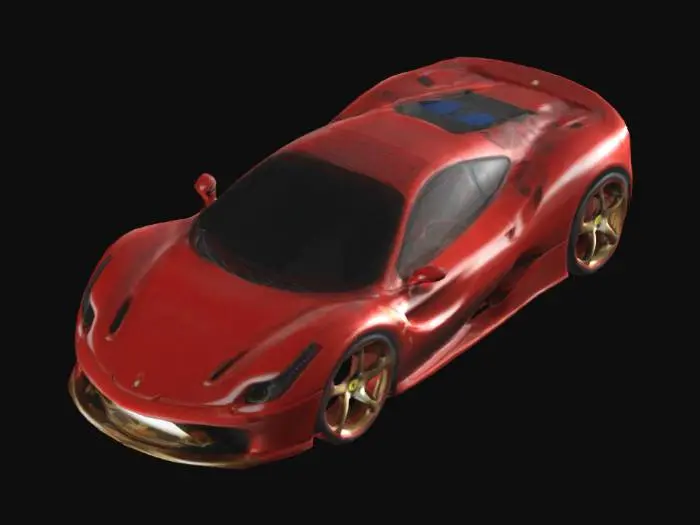 3D model for a detailed 3D model of a Ferrari in the bold Hot Wheels style. aerodynamic design with sharp curves, a low profile, and aggressive details like oversized wheels, metallic rims, a large spoiler, side vents, and bold exhaust pipes.Use a fiery red paint job with metallic gold and black flame decals.Make the headlights glow white-blue and the taillights animated in deep red.Finish with a glossy, polished look and subtle Hot Wheels logos on the body and wheels,