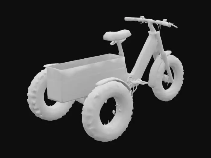 3D model for  triciclo eléctrico utilitario con un chasis robusto soldado a partir de perfiles de aluminio reciclado. Sus ruedas anchas, tipo fat bike de segunda mano, le dan tracción en caminos de tierra. Se conduce con un manillar simple con empuñaduras de madera nativa rescatada, dándole un toque local. El módulo de carga está hecho de 'plástico-madera', una mezcla de aserrín y PET reciclado que le da una textura rústica y única. Su apariencia no es la de un producto de fábrica, sino la de una herramienta de trabajo funcional, eco-ingeniosa