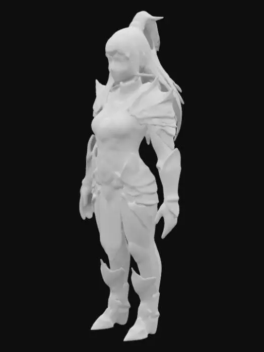 3D model for A teenage female warrior in ornate armor with a glowing blue gemstone on her chest. She has dark skin, a long face, and flowing dark hair. She wears leaf-shaped earrings, with the right side more prominent. Her armor is elegant yet resilient, designed for battle. She stands with confidence, exuding strength and mystery. Stylized in a semi-realistic fantasy style, optimized for animation in a strategy-adventure game. Eyes connected to her face.