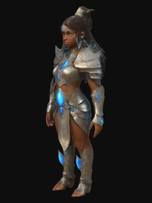 3D model for A teenage female warrior in ornate armor with a glowing blue gemstone on her chest. She has dark skin, a long face, and flowing dark hair. She wears leaf-shaped earrings, with the right side more prominent. Her armor is elegant yet resilient, designed for battle. She stands with confidence, exuding strength and mystery. Stylized in a semi-realistic fantasy style, optimized for animation in a strategy-adventure game. Eyes connected to her face.
