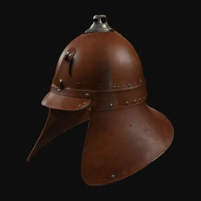 3D model for  bell-shaped dome kettle helmet, made from brown leather,realistic