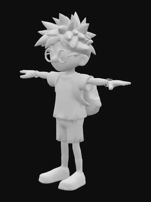 3D model for A funny, stylized 3D model of a quirky high school student in T-pose, with messy hair, backpack, slightly exaggerated cartoon features, bright clothing, low-poly, neutral stance, game-ready model with clean topology and UVs