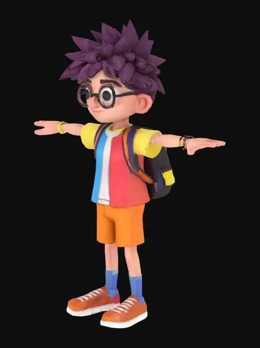 3D model for A funny, stylized 3D model of a quirky high school student in T-pose, with messy hair, backpack, slightly exaggerated cartoon features, bright clothing, low-poly, neutral stance, game-ready model with clean topology and UVs