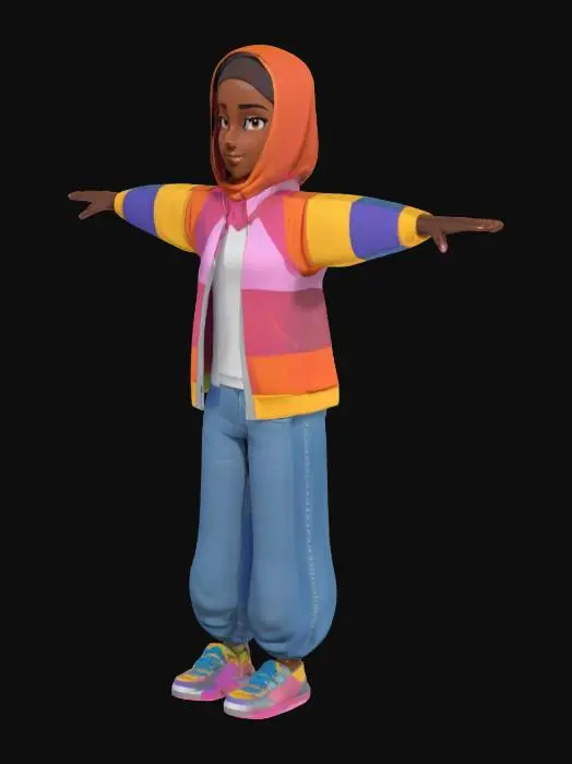 3D model for A stylized low-poly 3D model of a teenage girl in T-pose, wearing a hijab, school hoodie, jeans and sneakers. Dark skin tone, friendly cartoon face, simplified textures, game-ready topology and clean UVs. Designed for Mixamo rigging and Unity integration